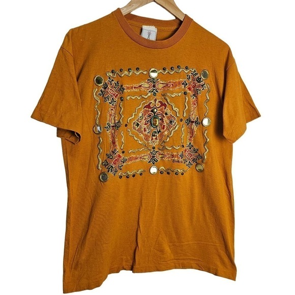 Vintage 90s Shirt Size XL Brown Puff Paint Graphic Geometric Short Sleeve Retro - Picture 1 of 13